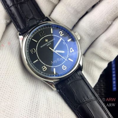 Fake Vacheron Constantin Geneve Watch Black Dial Black Leather Band